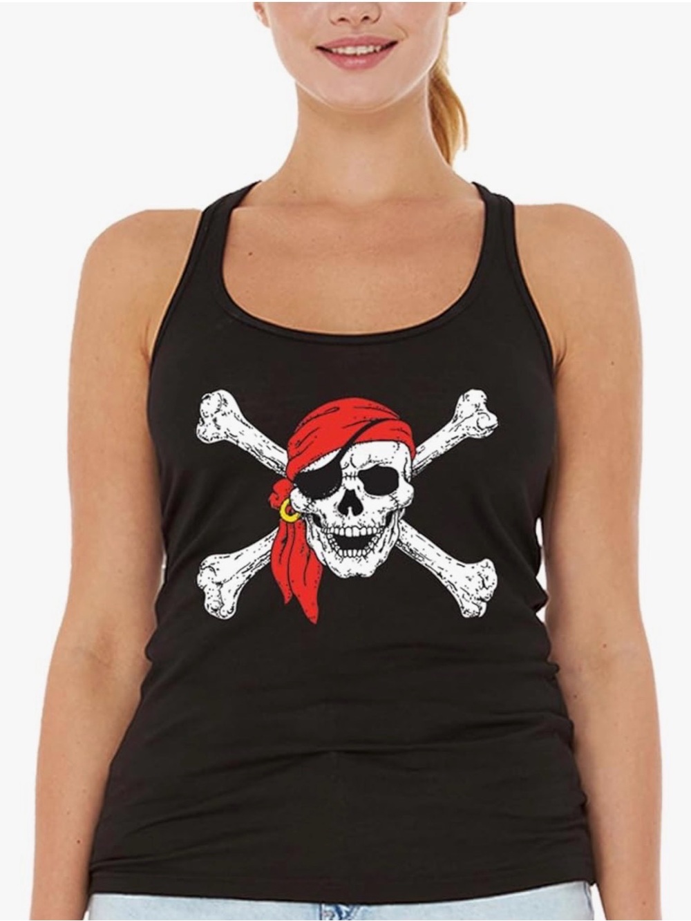Bella Canvas Black Tank with Red Pirate Skull Graphic